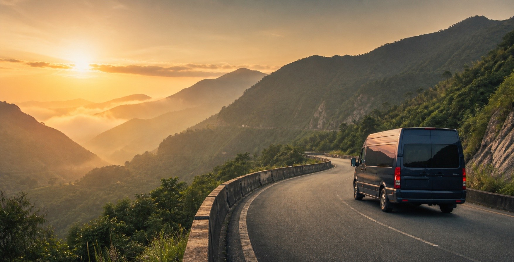 EasyVisa visa run van on the Da Nang to Lao Bao road through the mountains of Central Vietnam at sunrise